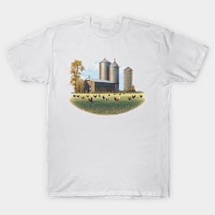 Field of chickens in front of a barn and silo T-Shirt